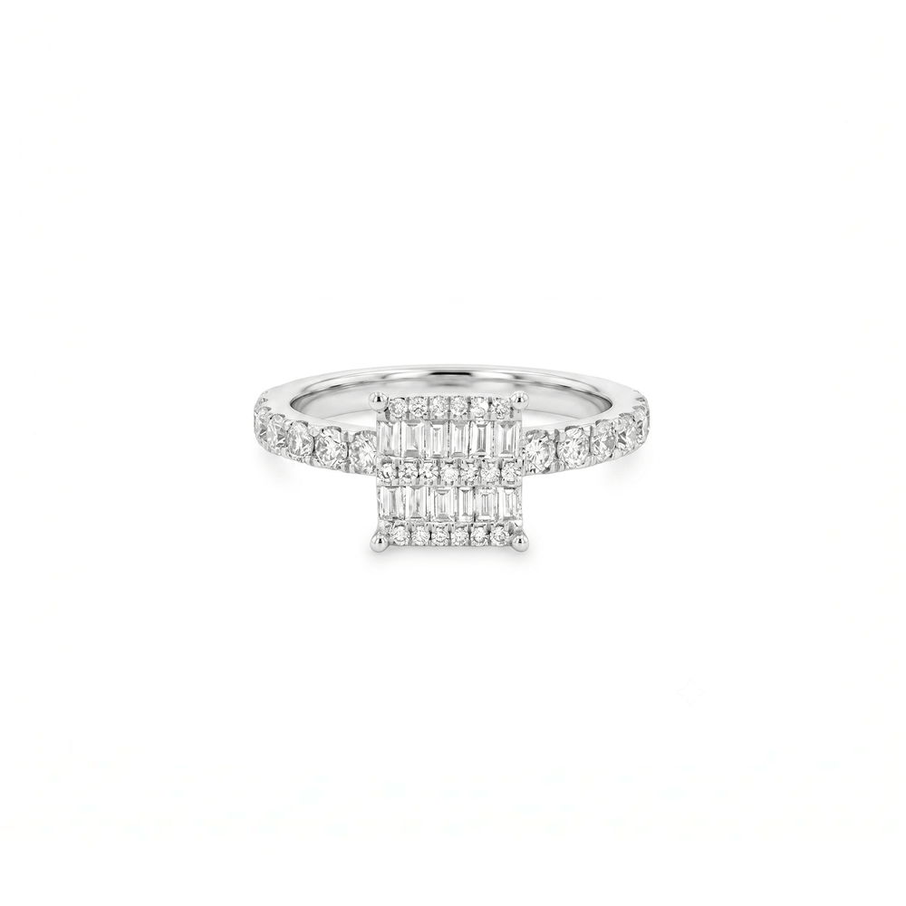 Natural Diamond Baguette Halo Pavé Engagement Ring