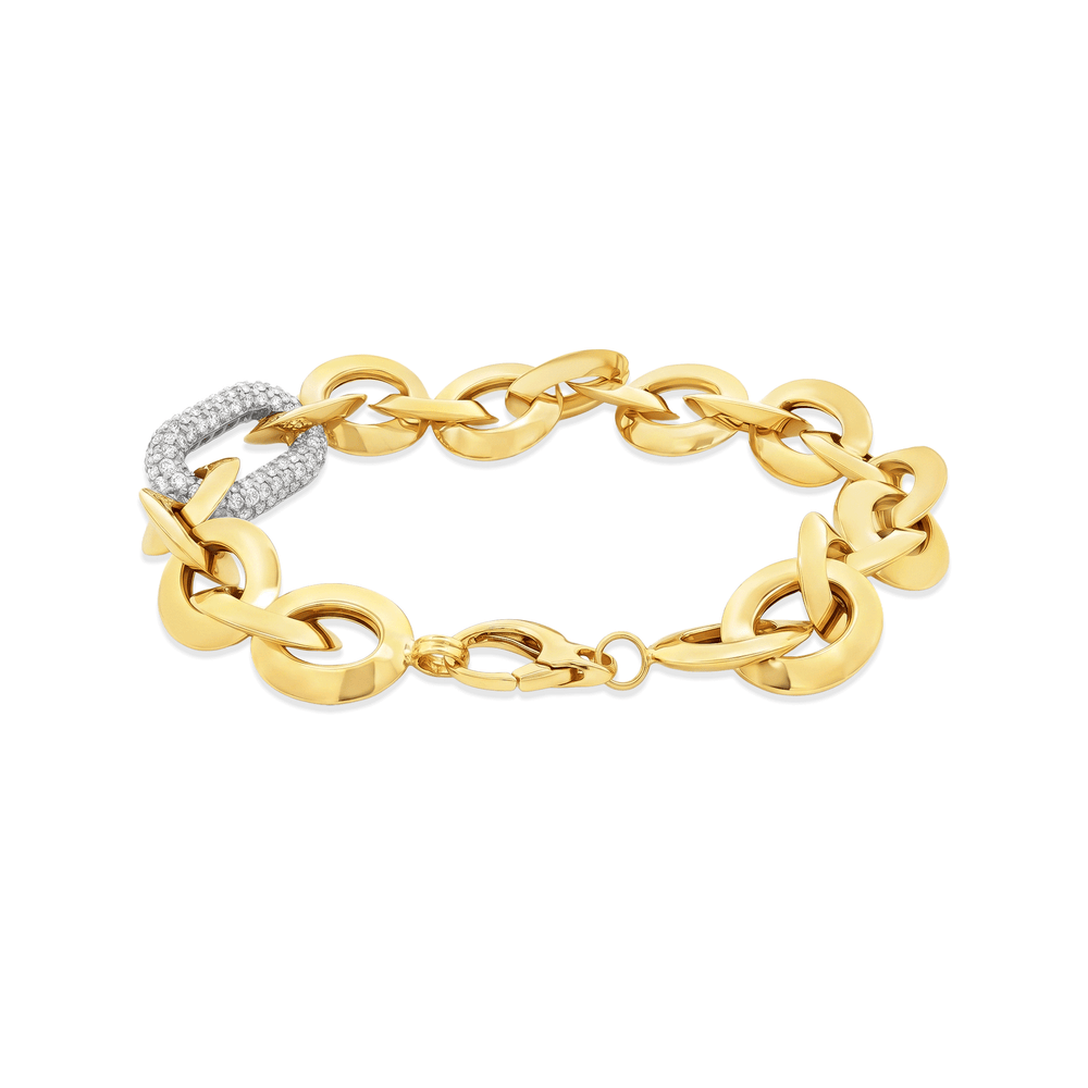 18K Gold Mixed-Link Gold Bracelet with a Pavé Accent Link
