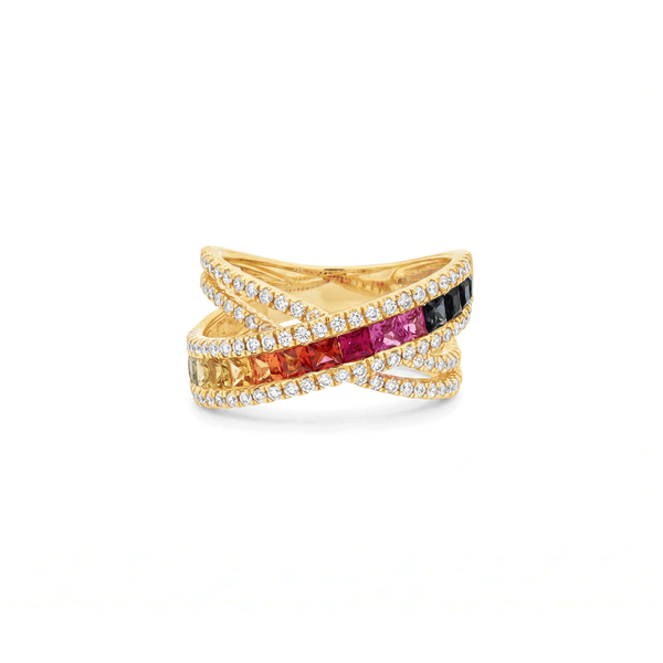 18k Yellow Gold Sapphire, Ruby & Natural Diamond Statement Ring