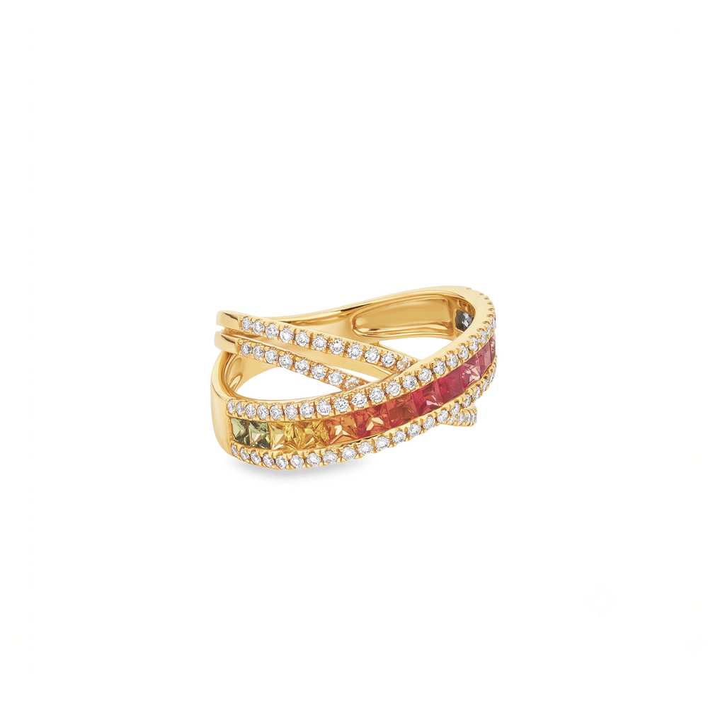 18k Yellow Gold Sapphire, Ruby & Natural Diamond Statement Ring