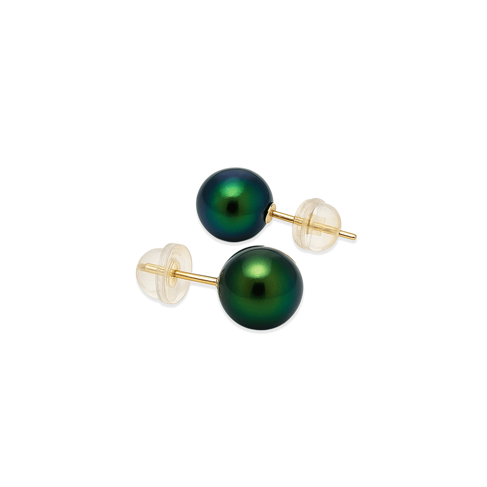 18K Gold Peacock Green Pearl Stud Earrings