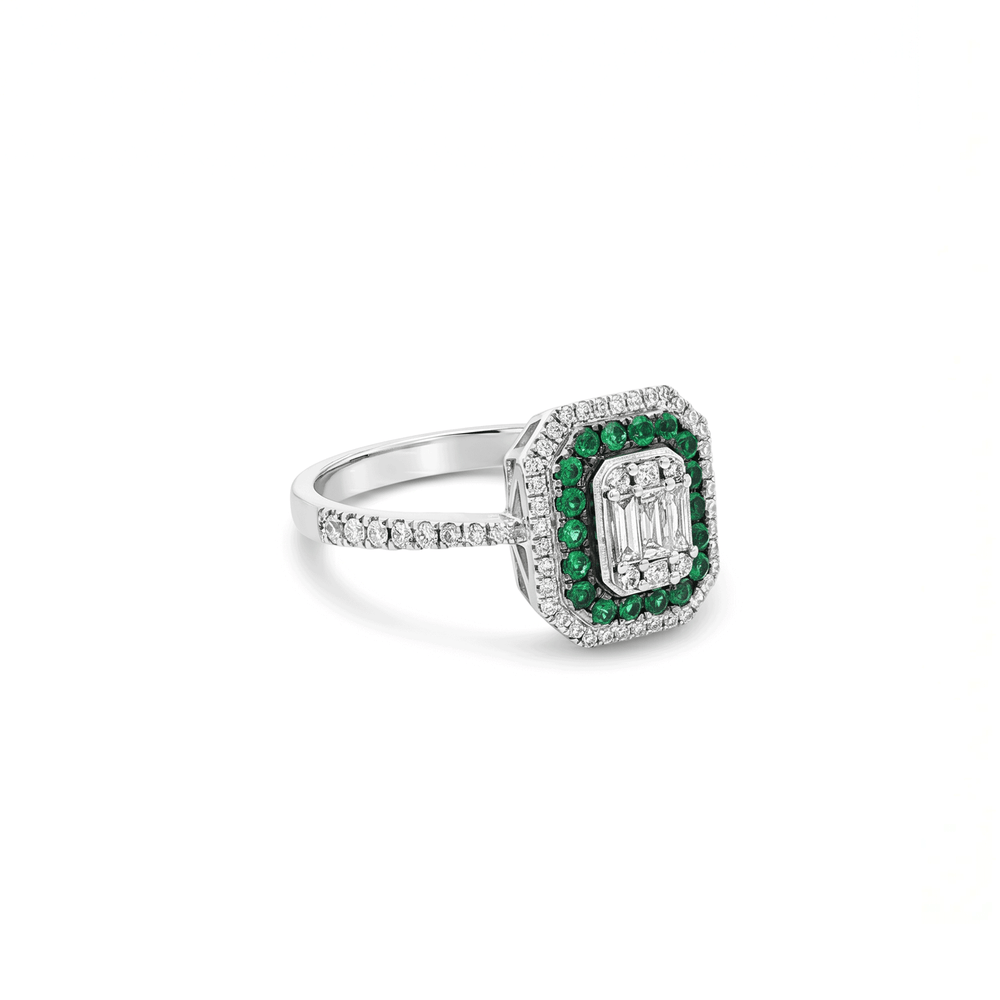 18K White Gold Halo Pavé Emerald & Natural Diamond Engagement Ring