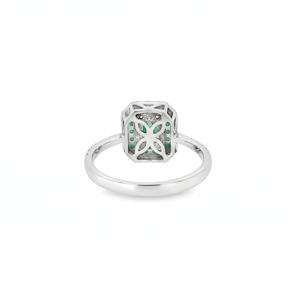 18K White Gold Halo Pavé Emerald & Natural Diamond Engagement Ring