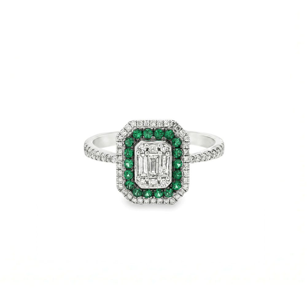 18K White Gold Halo Pavé Emerald & Natural Diamond Engagement Ring