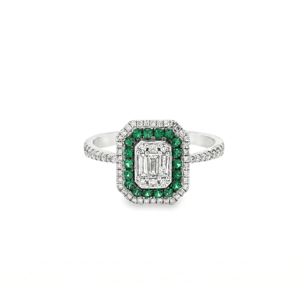 18K White Gold Halo Pavé Emerald & Natural Diamond Engagement Ring