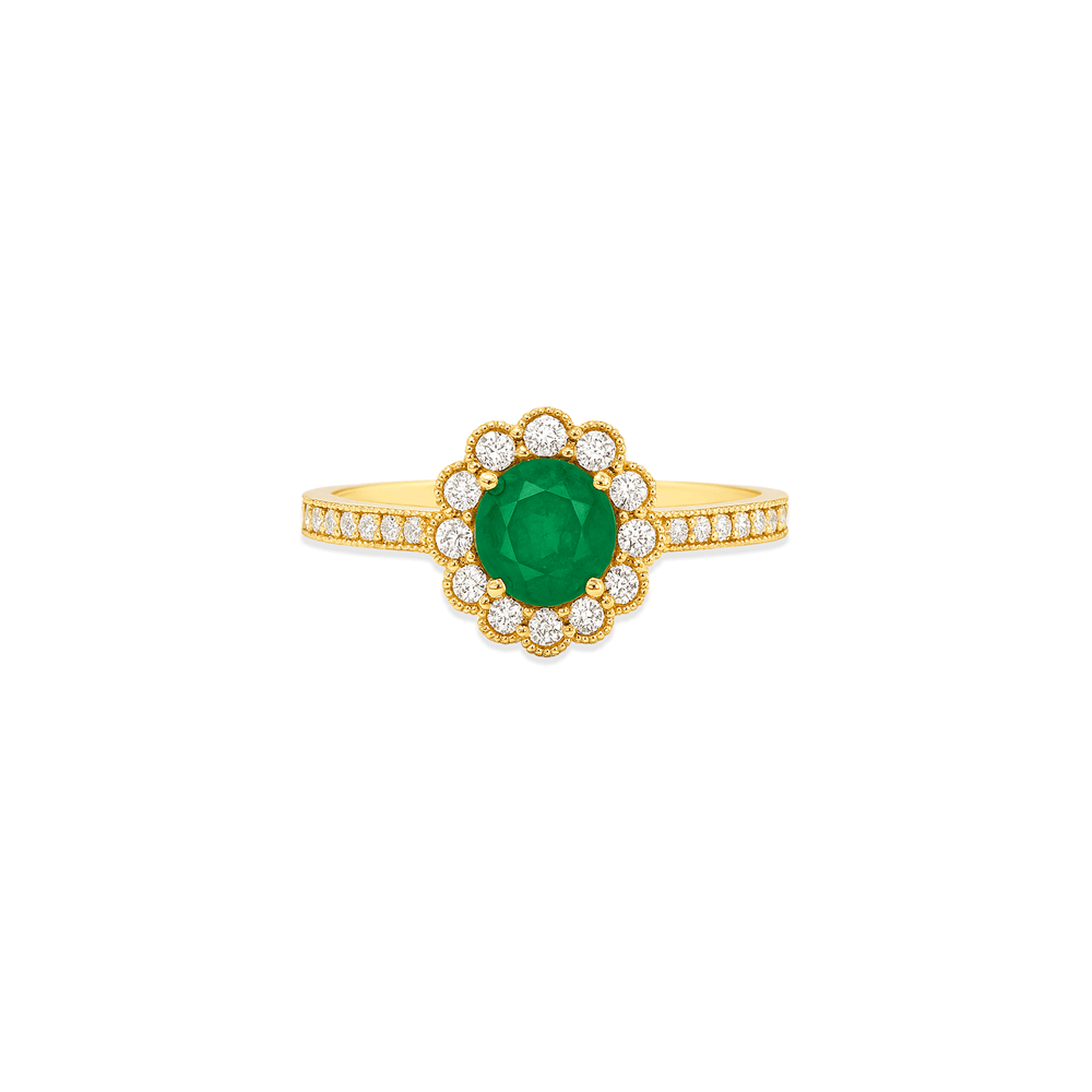18K Yellow Gold Emerald Halo Engagement Ring for Women