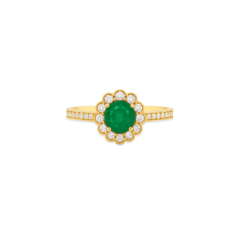 18K Yellow Gold Emerald Halo Engagement Ring for Women