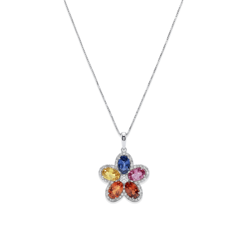 18K White Gold Multicolor Sapphire & Diamond Pendant Necklace