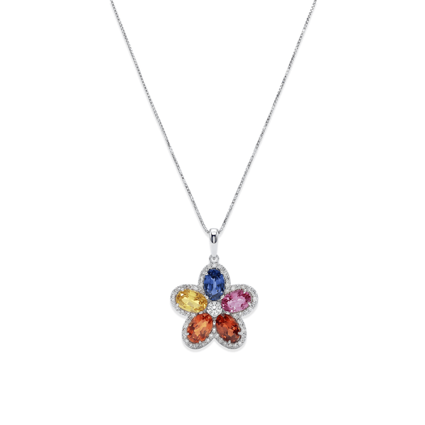 18K White Gold Multicolor Sapphire & Diamond Pendant Necklace