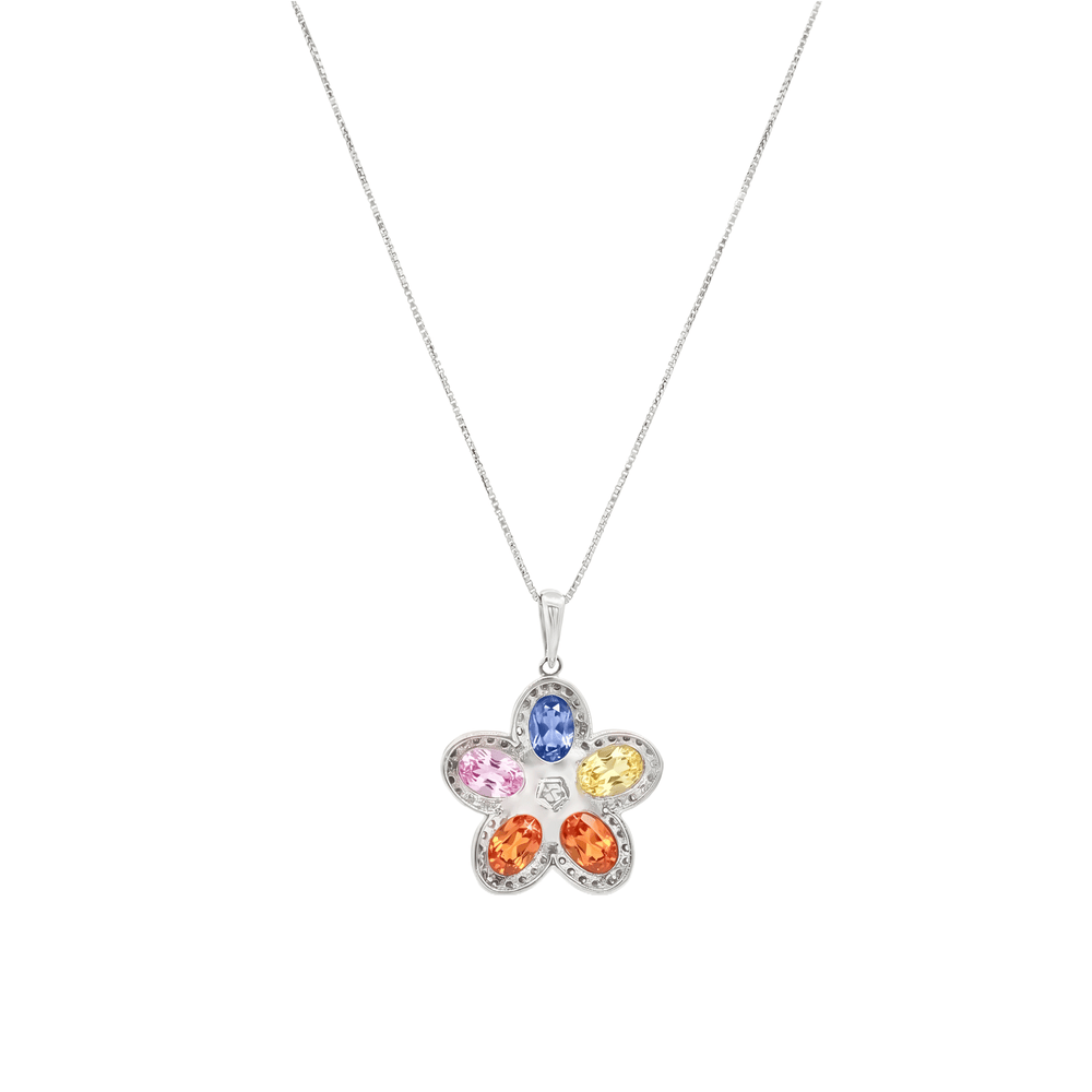 18K White Gold Multicolor Sapphire & Diamond Pendant Necklace