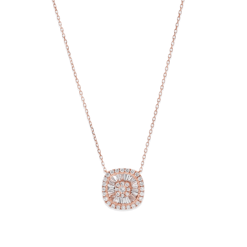 18K Rose Gold Natural Diamond Baguette & Round Halo Pendant Necklace