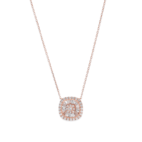 18K Rose Gold Natural Diamond Baguette & Round Halo Pendant Necklace