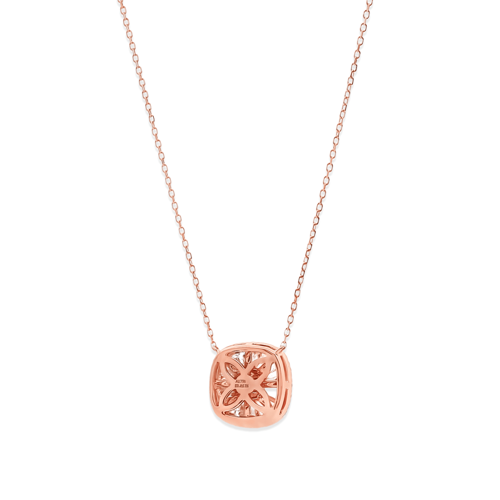 18K Rose Gold Natural Diamond Baguette & Round Halo Pendant Necklace