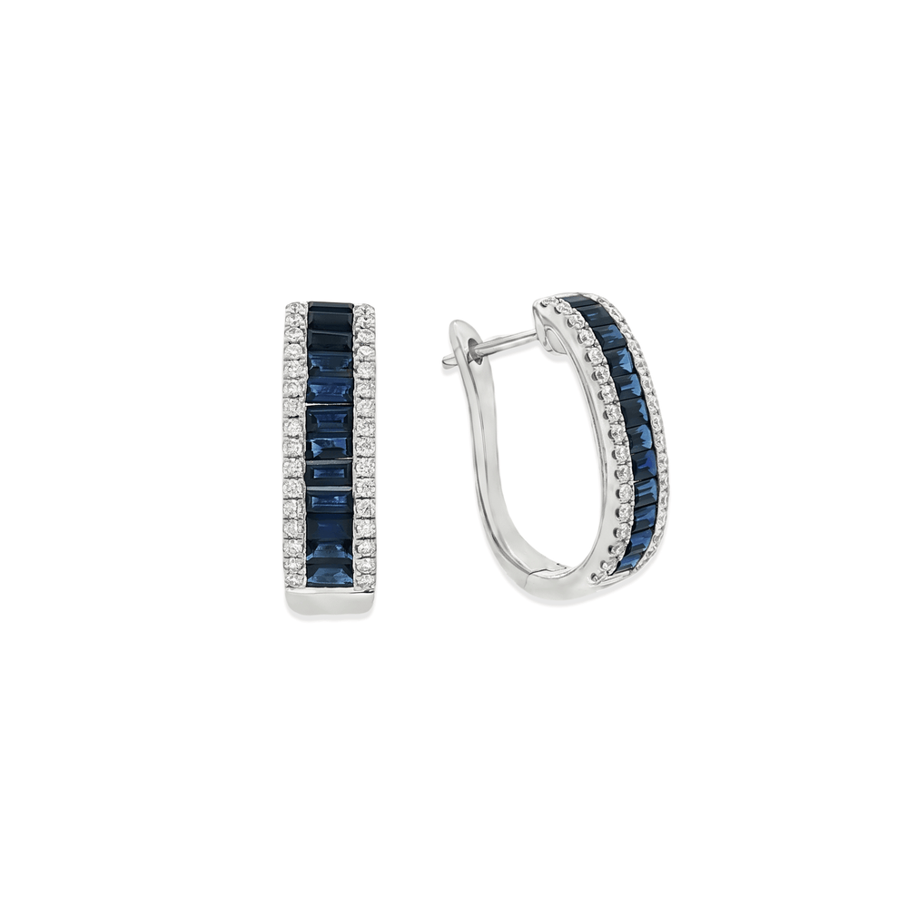 18K White Gold Sapphire Channel Huggies Earrings with Natural Diamonds