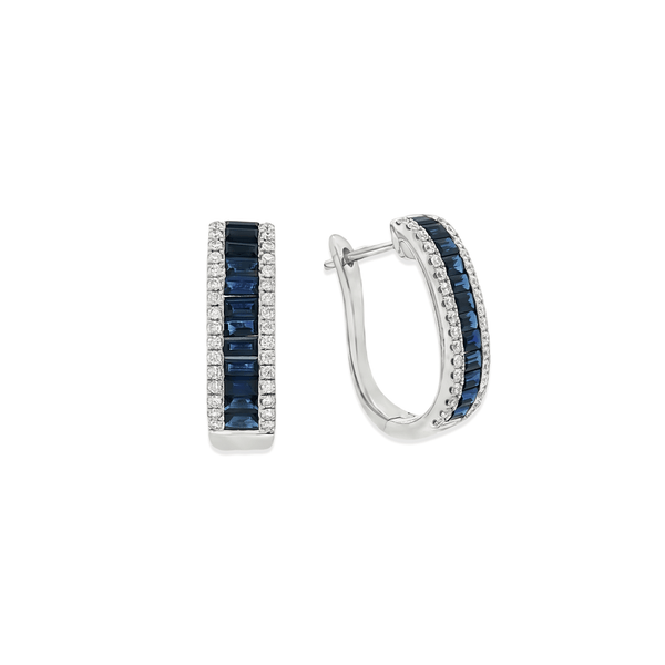 18K White Gold Sapphire Channel Huggies Earrings with Natural Diamonds