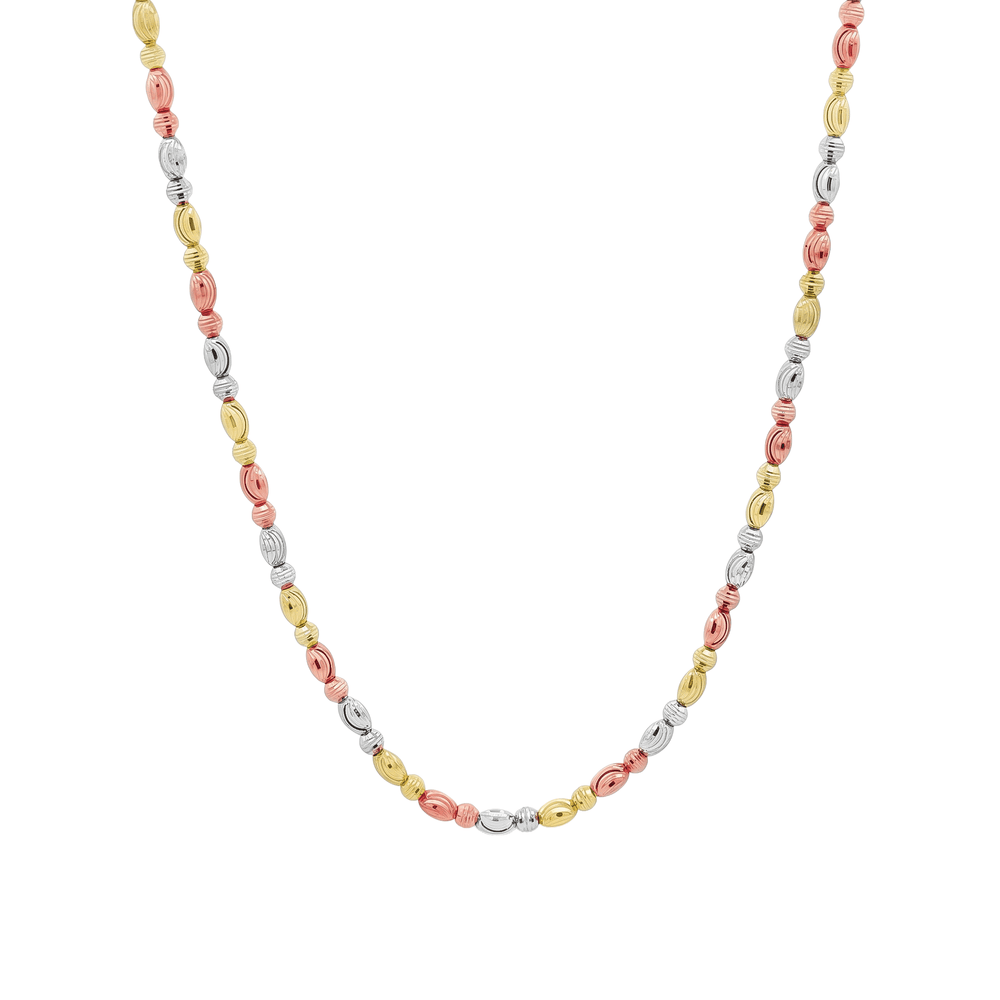 18K Gold Tri-Tone Ribbed Bead Necklace – Adjustable 17 Inch