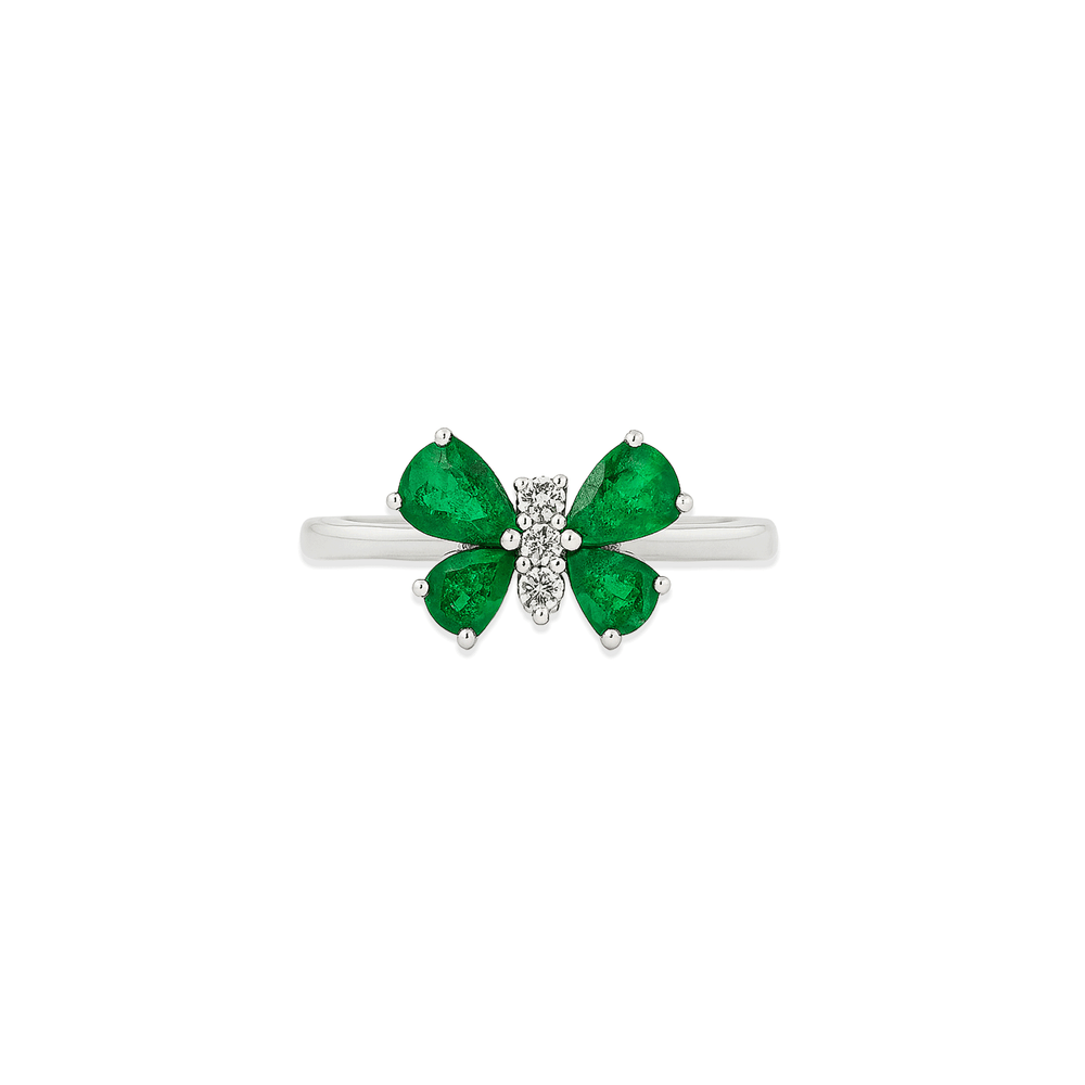 18K White Gold Butterfly Emerald & Natural Diamond Statement Ring for Women