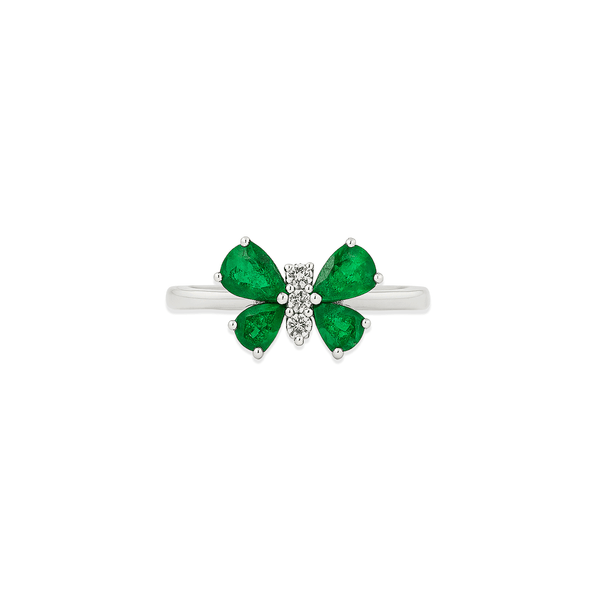 18K White Gold Butterfly Emerald & Natural Diamond Statement Ring for Women