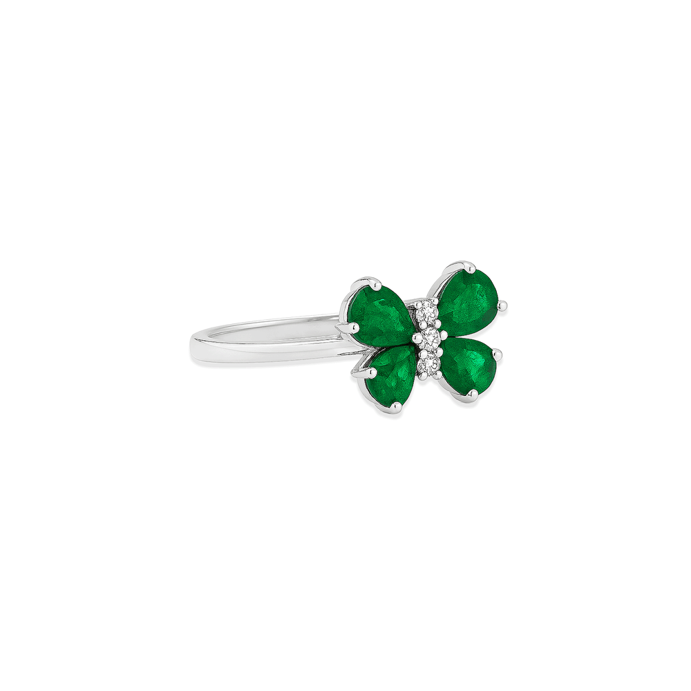 18K White Gold Butterfly Emerald & Natural Diamond Statement Ring for Women