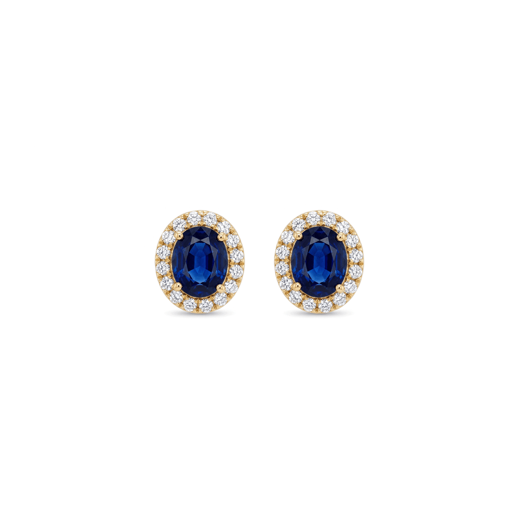 Royal Blue Sapphire Halo Stud Earrings in 18K Yellow Gold