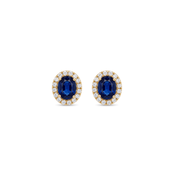 Royal Blue Sapphire Halo Stud Earrings in 18K Yellow Gold