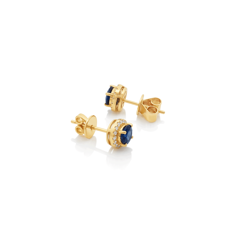 Royal Blue Sapphire Halo Stud Earrings in 18K Yellow Gold