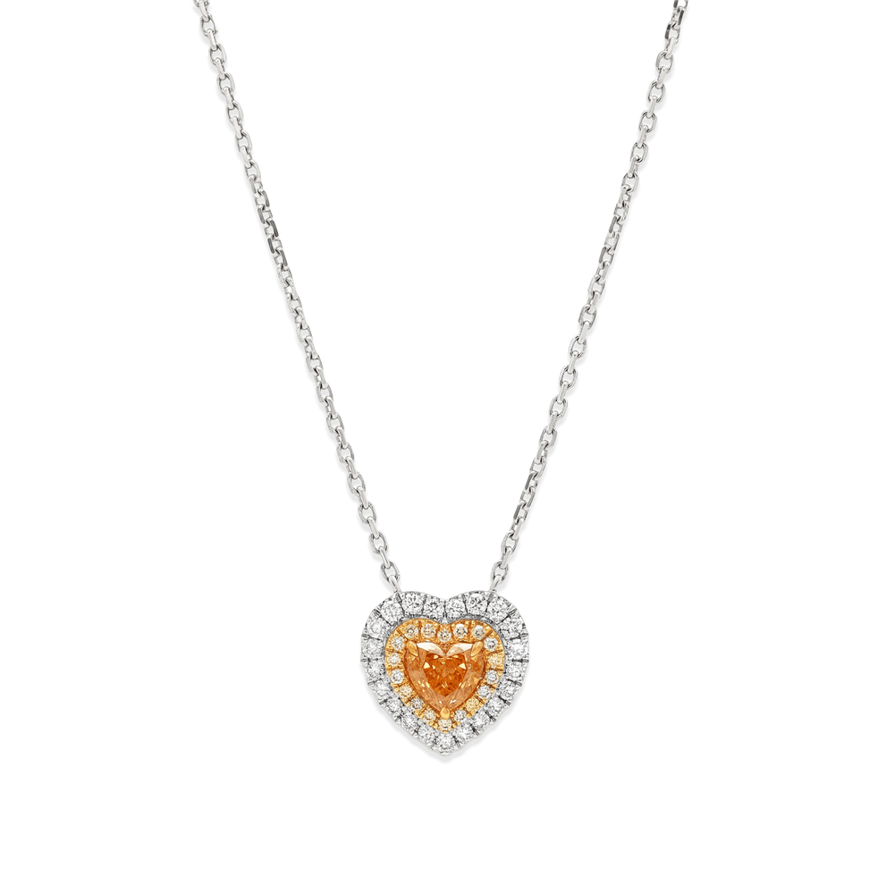 Natural Diamond Orange Heart Double Halo Diamond Necklace in 18K White Gold