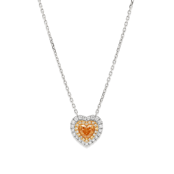 Natural Diamond Orange Heart Double Halo Diamond Necklace in 18K White Gold