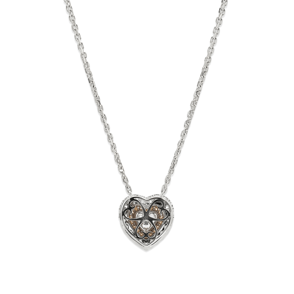 Natural Diamond Orange Heart Double Halo Diamond Necklace in 18K White Gold