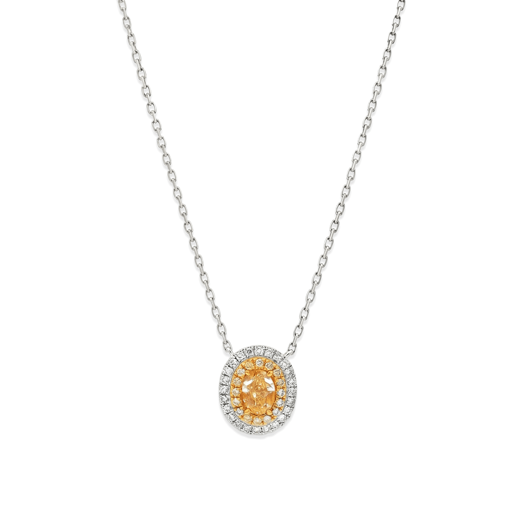 Natural Diamond Orange Oval Double Halo Diamond Necklace in 18k White Gold