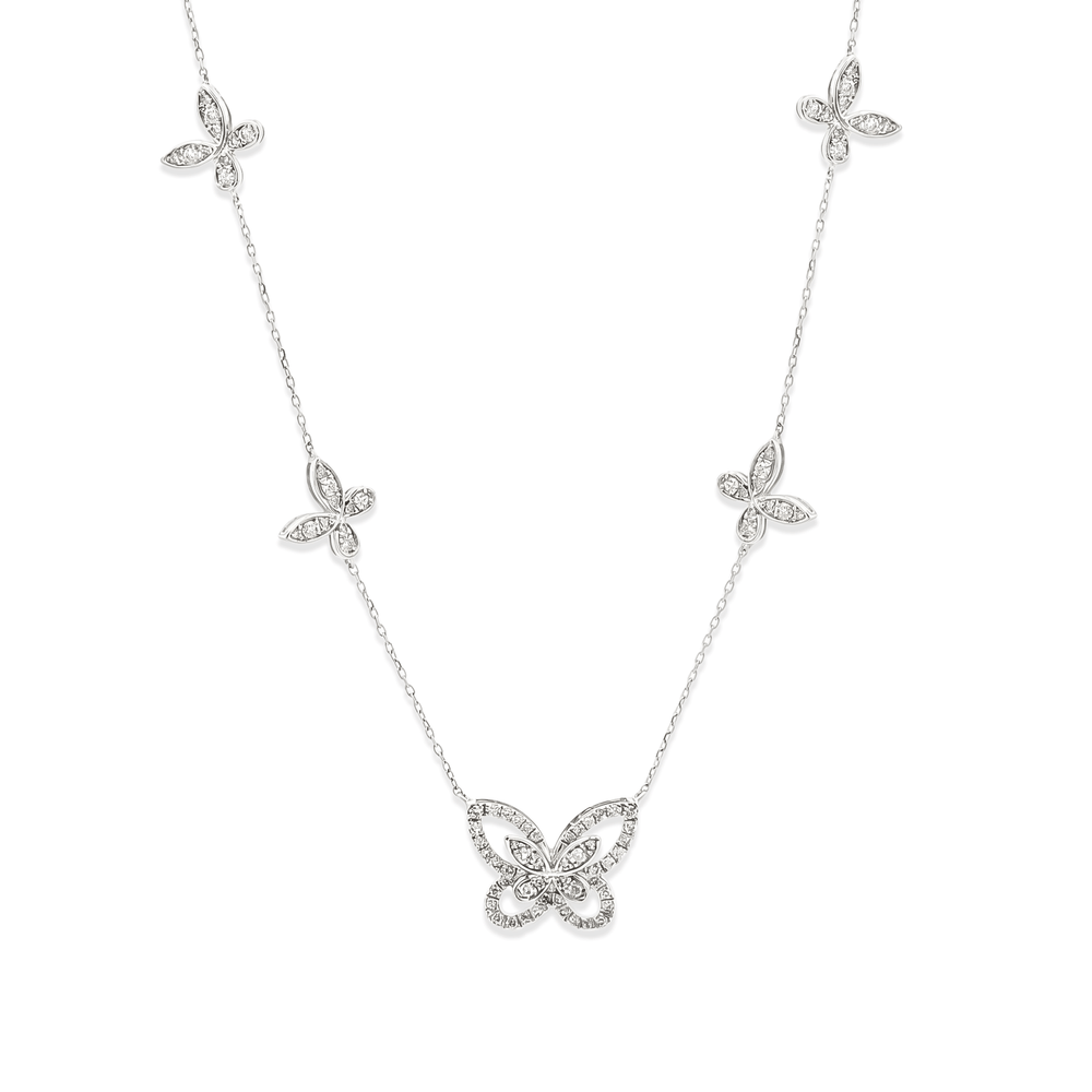 Natural Diamond Butterfly Station Necklace in 18K White Gold