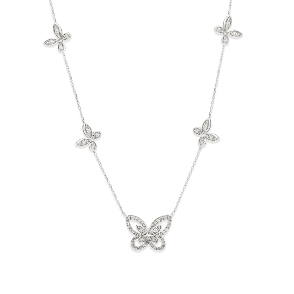 Natural Diamond Butterfly Station Necklace in 18K White Gold