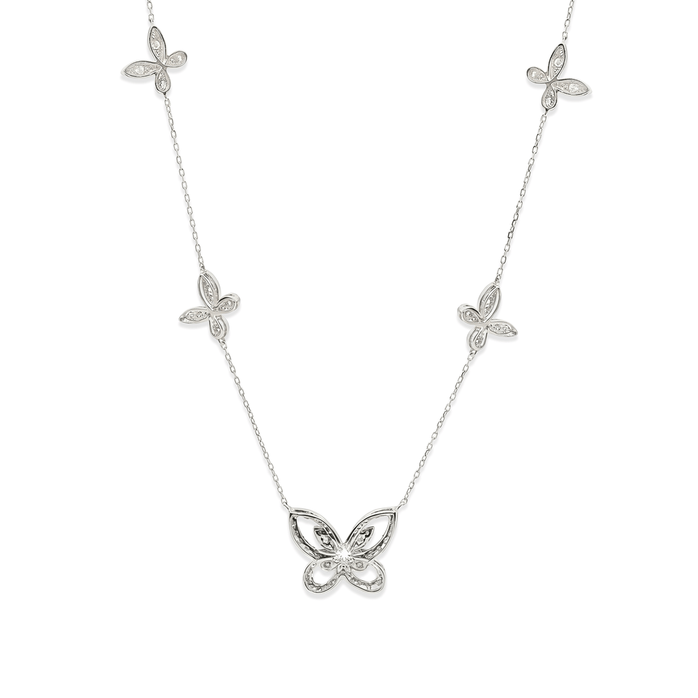 Natural Diamond Butterfly Station Necklace in 18K White Gold