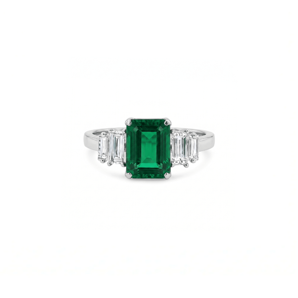 Three Stone Emerald & Natural Diamond Statement Ring for Women