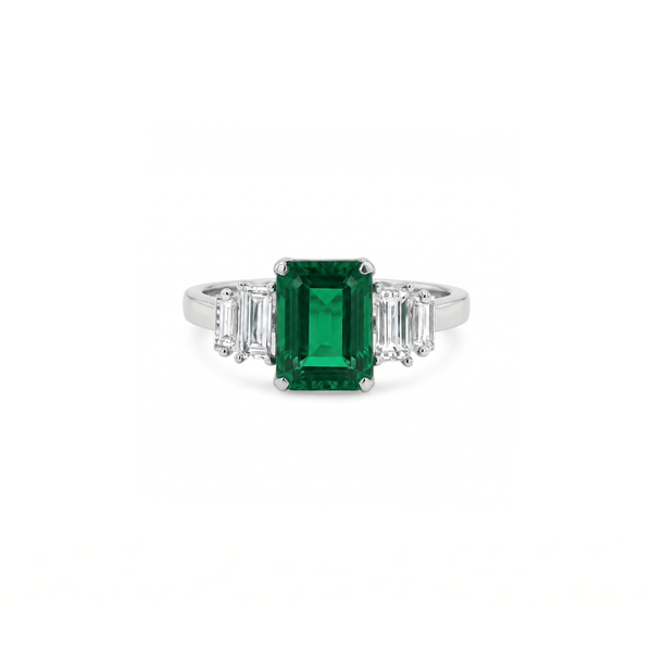 Three Stone Emerald & Natural Diamond Statement Ring for Women