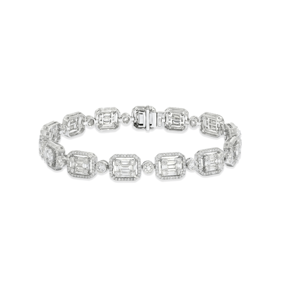 Natural Diamond Imperial Emerald-Cut Halo Tennis Bracelet in 18K White Gold