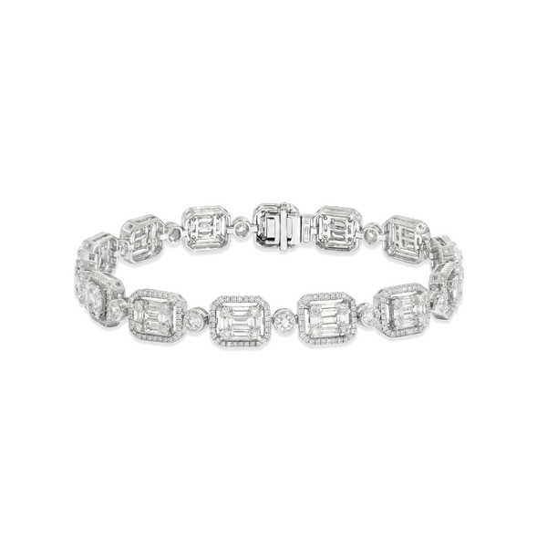Natural Diamond Imperial Emerald-Cut Halo Tennis Bracelet in 18K White Gold