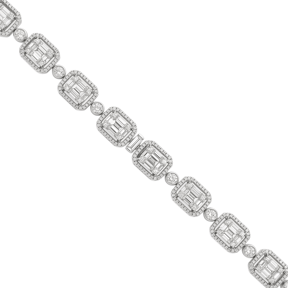 Natural Diamond Imperial Emerald-Cut Halo Tennis Bracelet in 18K White Gold