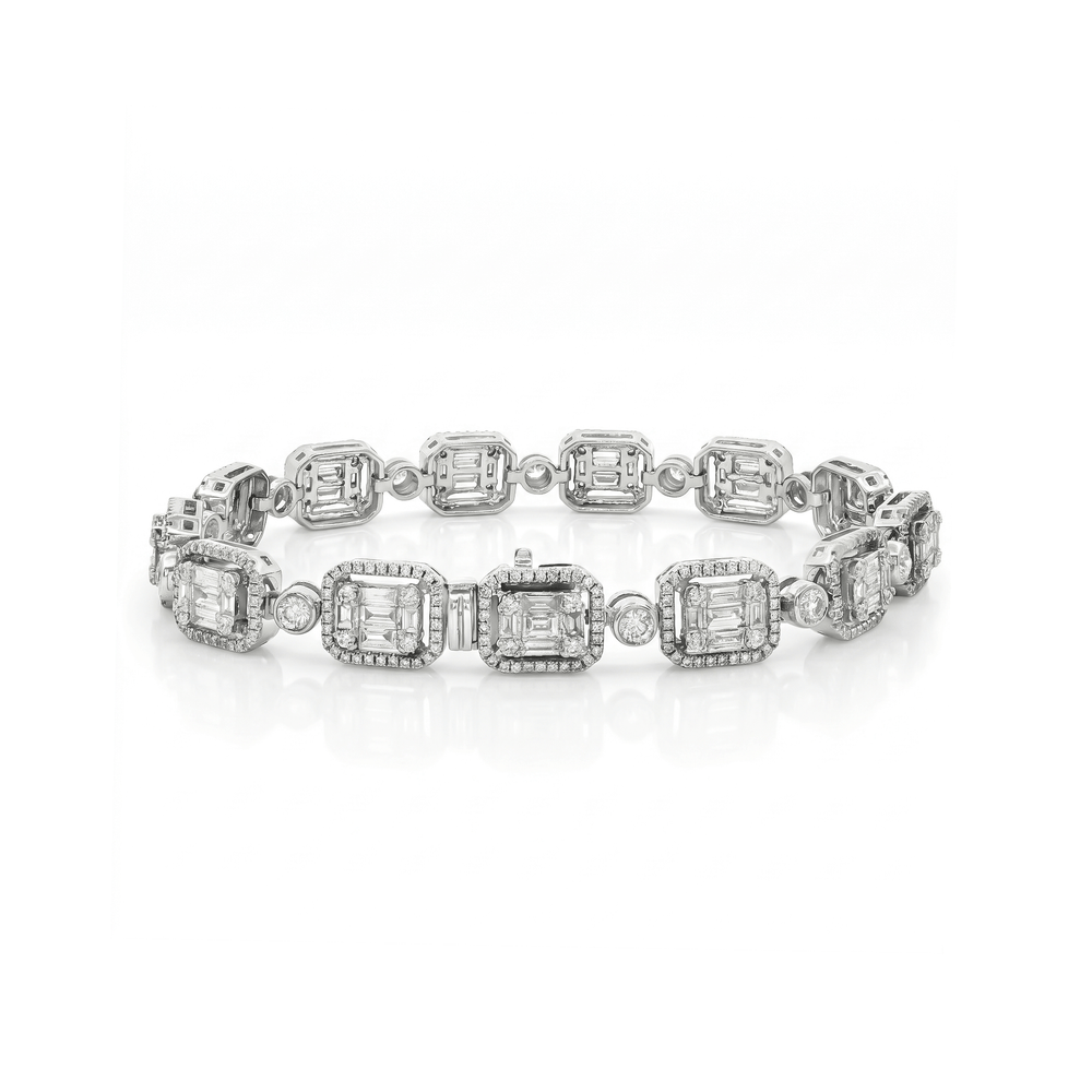 Natural Diamond Imperial Emerald-Cut Halo Tennis Bracelet in 18K White Gold