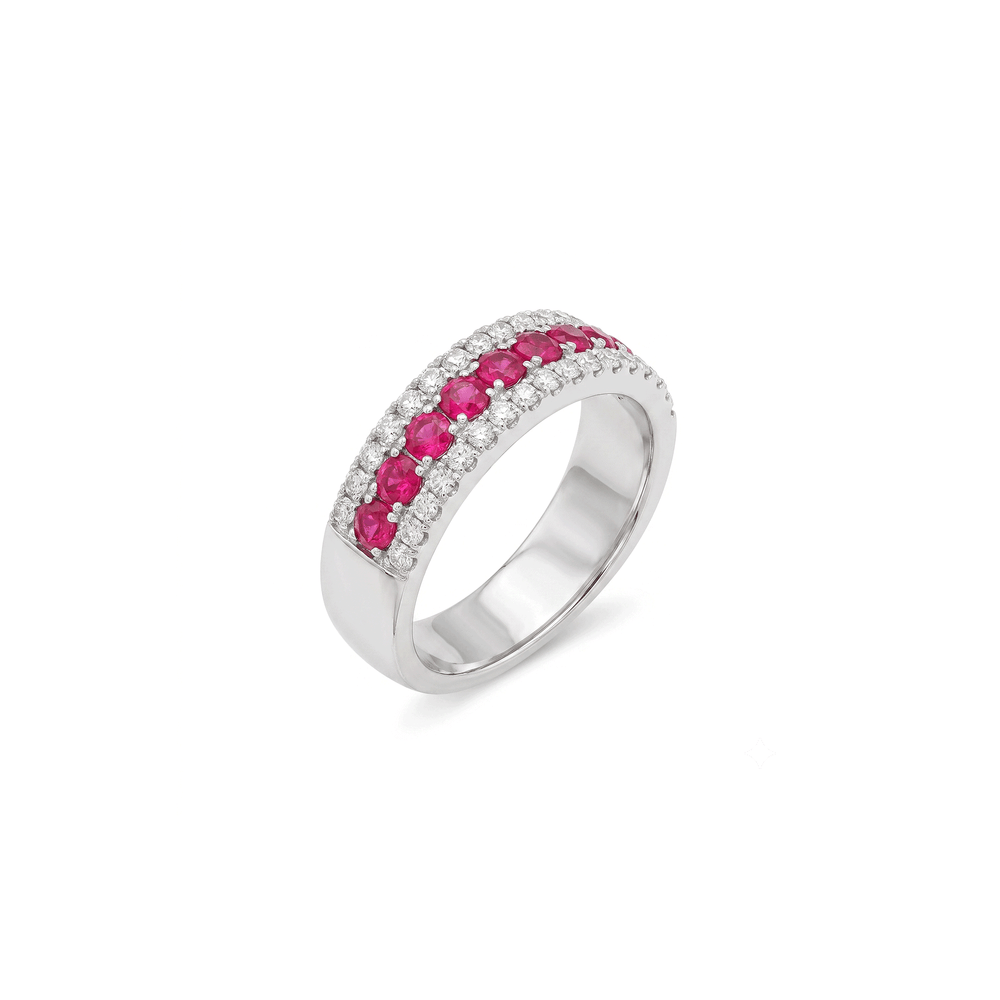 18K White Gold Natural Diamond & Ruby Stacking Ring