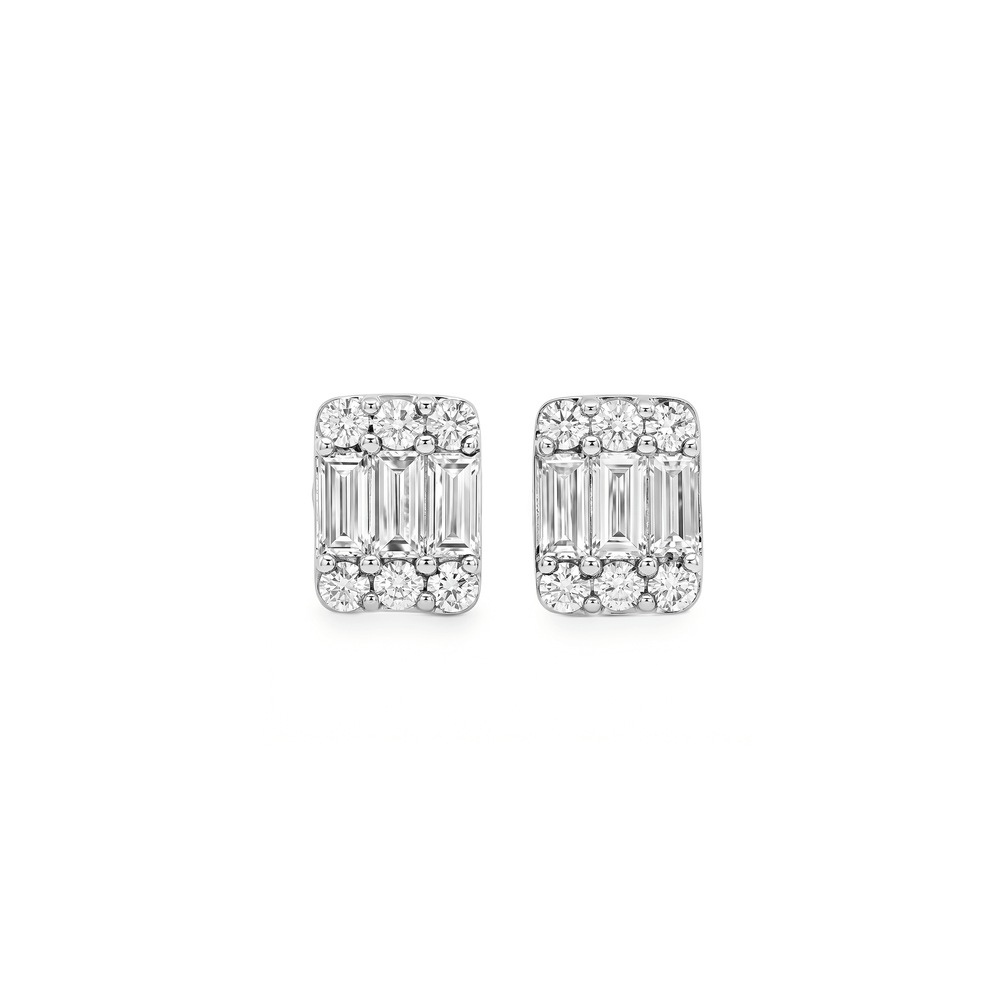 Natural Diamond Baguette & Round Diamond Halo Stud Earrings in 18K White Gold