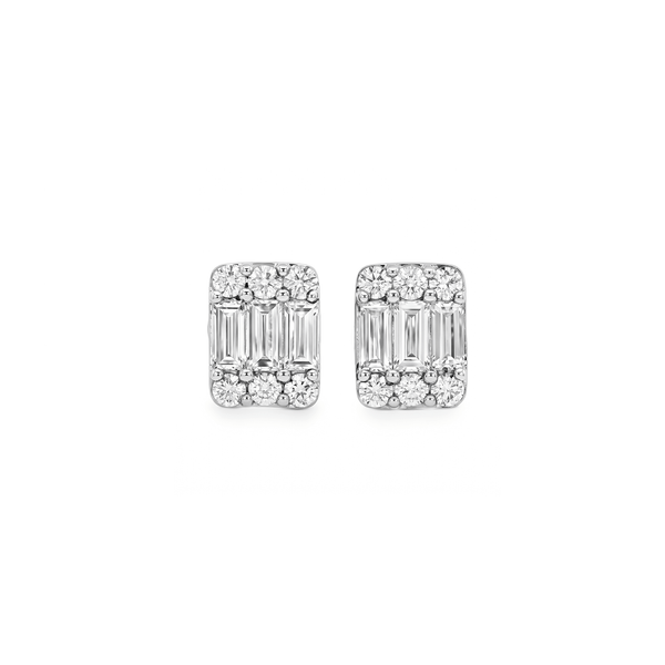 Natural Diamond Baguette & Round Diamond Halo Stud Earrings in 18K White Gold