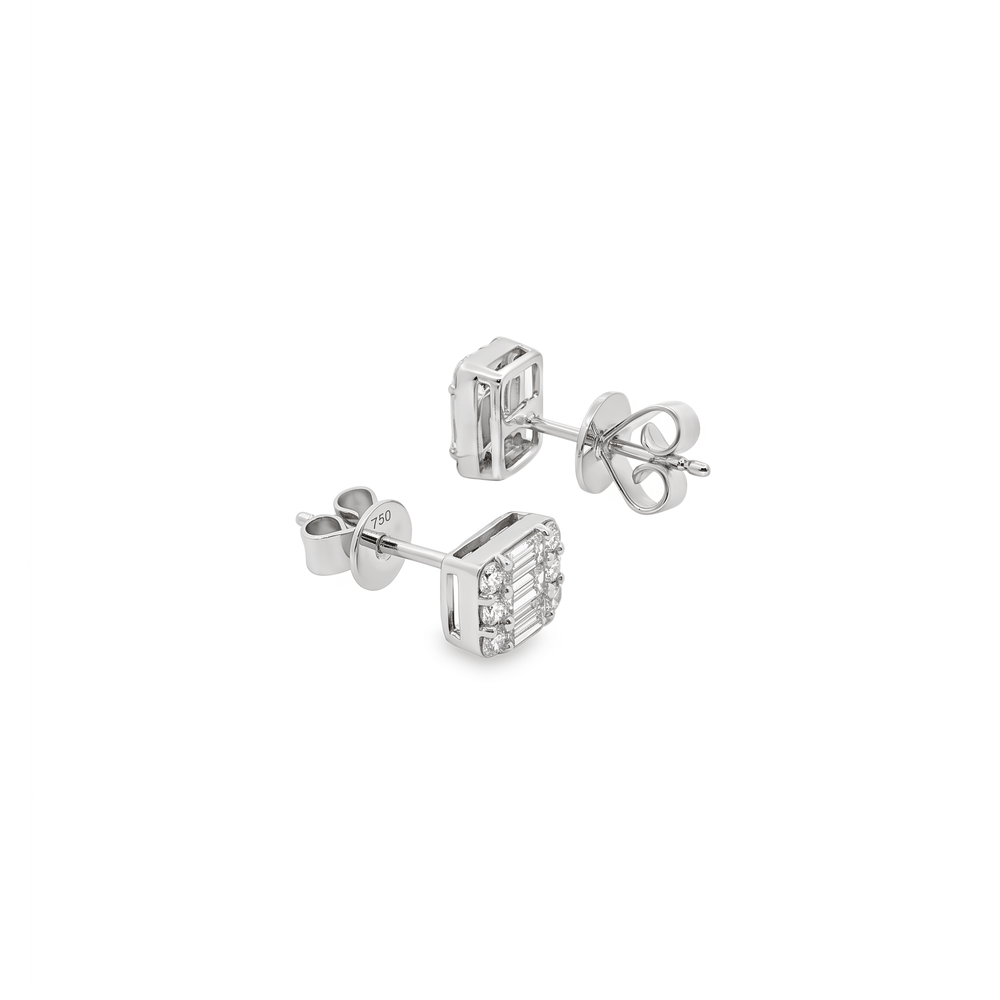 Natural Diamond Baguette & Round Diamond Halo Stud Earrings in 18K White Gold