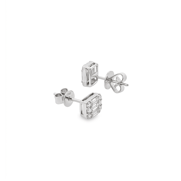 Natural Diamond Baguette & Round Diamond Halo Stud Earrings in 18K White Gold hover