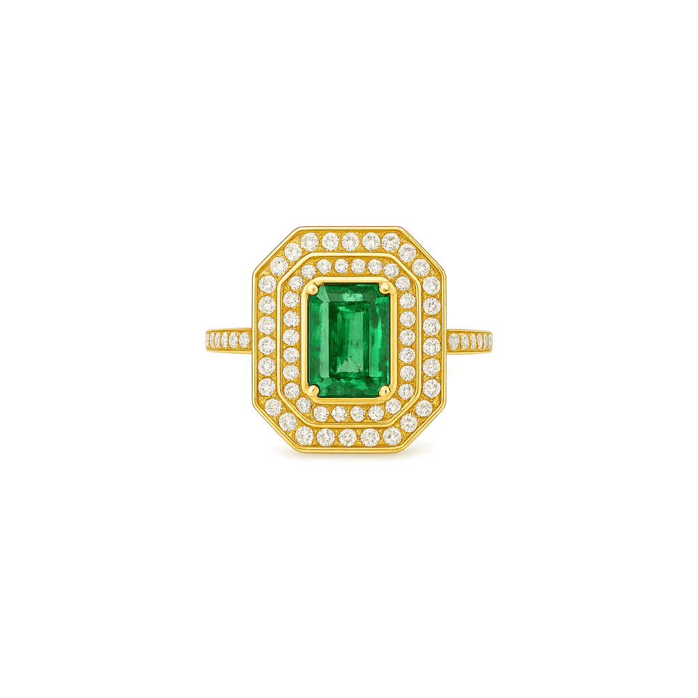 18K White Gold Emerald Radiance Halo Engagement Ring with Natural Diamonds