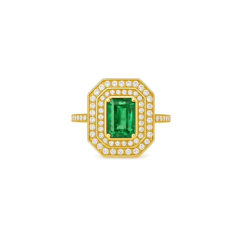 18K White Gold Emerald Radiance Halo Engagement Ring with Natural Diamonds
