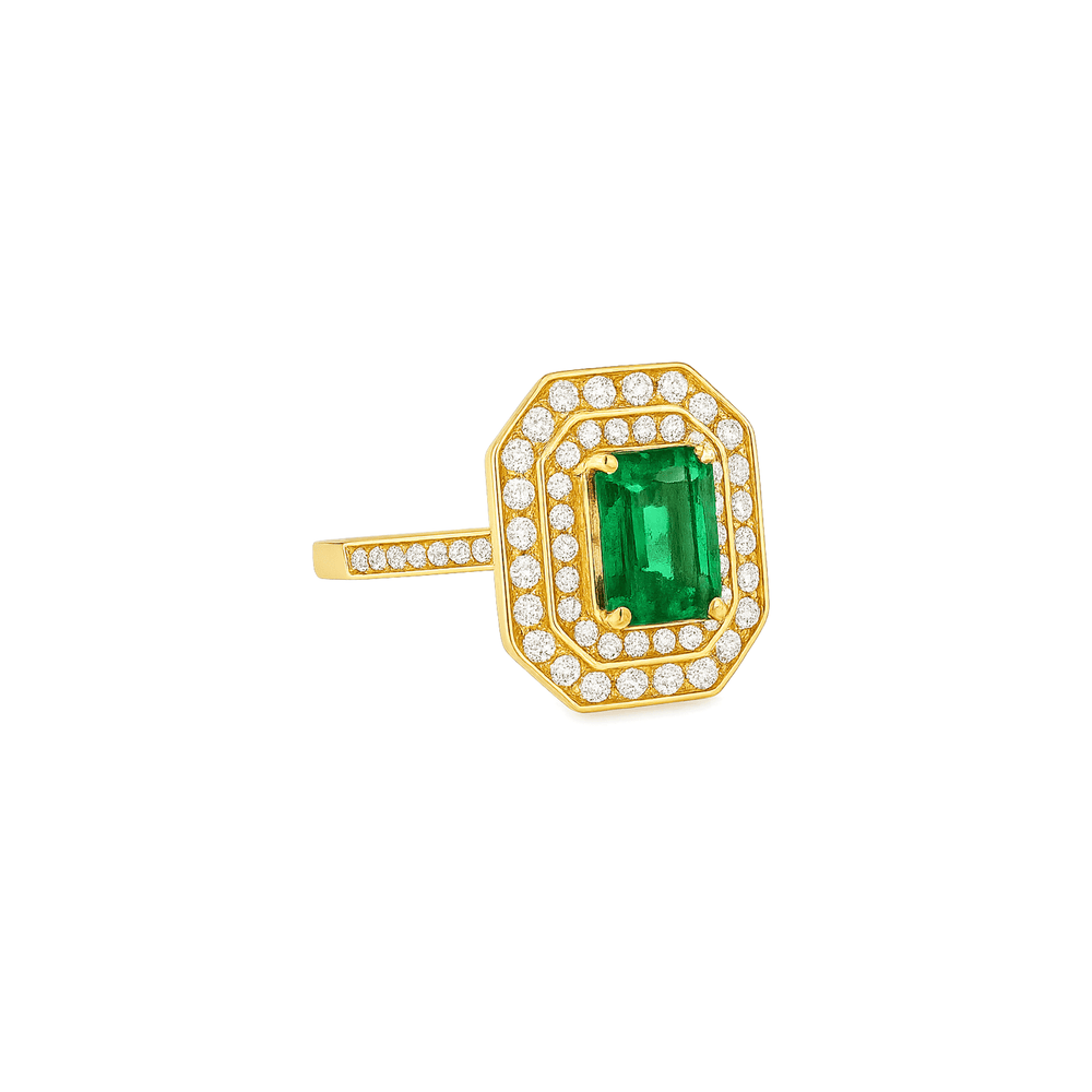 18K White Gold Emerald Radiance Halo Engagement Ring with Natural Diamonds