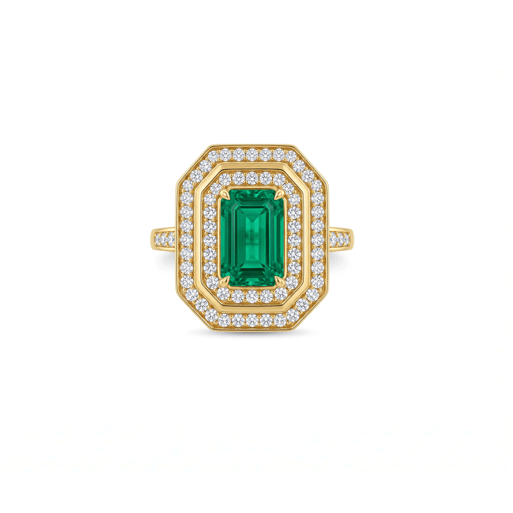 18K Yellow Gold Emerald Halo Engagement Ring with Natural Diamonds