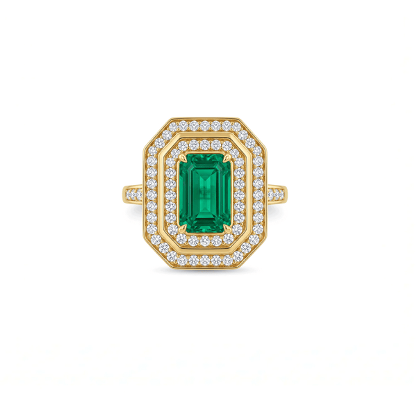 18K Yellow Gold Emerald Halo Engagement Ring with Natural Diamonds