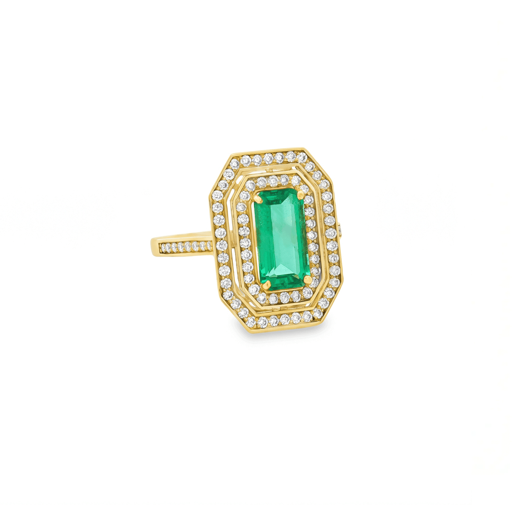18K Yellow Gold Emerald Halo Engagement Ring with Natural Diamonds